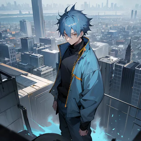 Greyish Blue hair , medium length hair , black sweater and blue jeans , Jujutsu Kaisen , glowing Gold eyes , city setting, standing, 1male , spiky hair , messy hair , white clothing , lean build , 4k quality , perfect generation