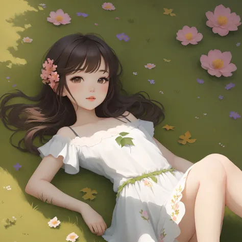 A cute girl lying on the grass，The hair was long，The hair is full of flowers and leaves，Flat style illustration，