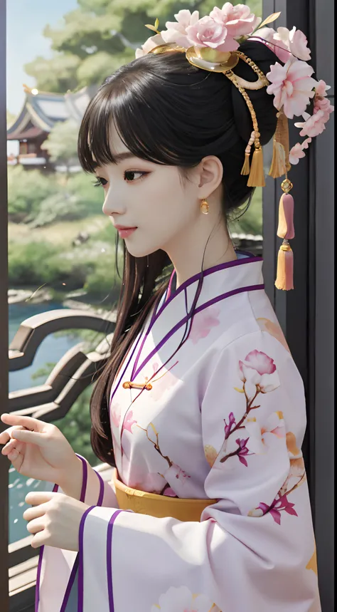 Chinese beauty standing by the river，中景 the scene is，（Wearing a gorgeous pink cheongsam:1.2)，Lightweight and silky fabric((on cheongsam))，Flowing silk，（Detailed and perfect facial details），（Beautiful and affectionate eyes），Flowing silky hair，Pavilion，the t...