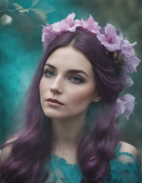 beautiful woman in purple smoke with flowers in her hair, in the style of dark turquoise and light pink, national geographic photo, odd juxtapositions, flickr, matte photo (close-up)