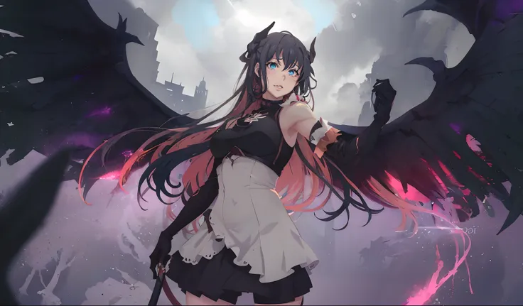 yukinoshita yukino, (long hair, black hair:1.6), blue eyes, heavy breathing, 1girl, solo, breasts, wings,  gloves, looking_at_viewer, skirt, dress, medium_breasts, sleeveless, black_wings, bare_shoulders, black_skirt, cowboy_shot, pleated_skirt, elbow_glov...