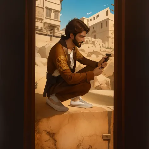 A beautiful ultra-thin realistic portrait of Jesus, the prophet, a man 34 years old Hebrew brunette, short brown hair, long brown beard, with, wearing long linen tunic closed on the chest part, in front view, full body, biblical, realistic,by Diego Velázqu...