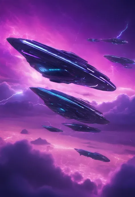 Futuristic alien spaceships flying abovethe clouds, dark sky, purple lighting, rain,lightning, hyper realistic, highly detailed,8k