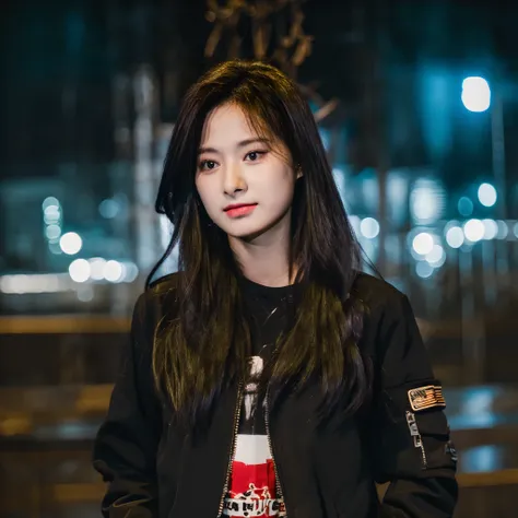 A beautiful 18 year old girl in a black jacket and an urban background at night