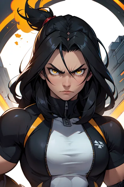 an angry (muscular) girl with long silky black hair and yellow eyes steam