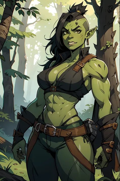 Solo, orc, girl, standing, black hair, muscular, tusks, mohawk, underbite, forest, green skin