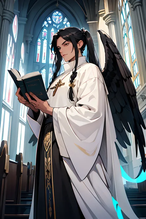 archangel. Huge wings. Human-sized wings. Girl with black long hair. Cyan eyes. white strands of hair. Large long wings. archangel. ((Inside the church)) ((large wings)) ((reads a book)). A handsome guy is standing next to him. Tall guy with pigtails. Big ...