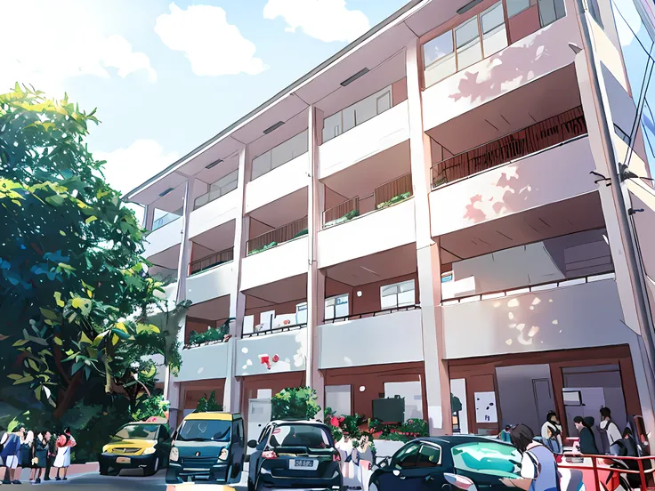 cars parked in front of a building with people standing outside, centre image, full building, frontview, front-view, front side, front view, full - view, outside view, multistory building, mid-view, exterior view, building facing, front side view, japanese...