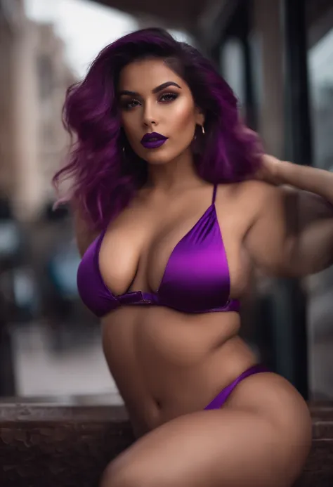 sexy girl, huge boobs, huge ass, purple bikini, rosegold hair, purple lipstick