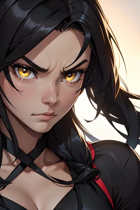 1girl muscular angry black hair yellow eyes long hair close up