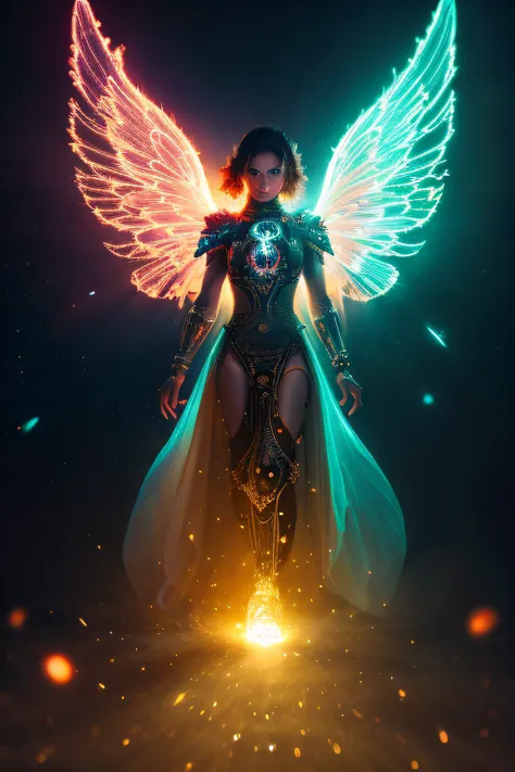 Cosmic Fallen Angel, glowing light eyes, Biomechanical, eerie, Creepy, nightmarish, Very bright colors, Light particles, with light glowing, Mshiff, wallpaper art, UHD wallpaper, anakil skywalker, 15 years, medieval clothes