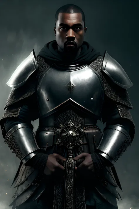 dark fantasy kanye west in a set of armour, grainy, dark, foreboding, realistic, wizard, fantasy