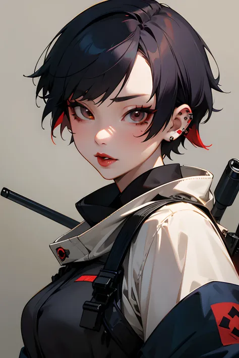 Japanese anime　girl with　piercings　short-hair　red lipsticks　Cool face　With a sniper　Background Battlefield