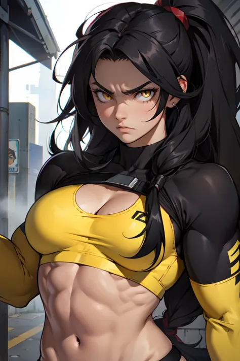 1girl muscular angry black hair yellow eyes long hair