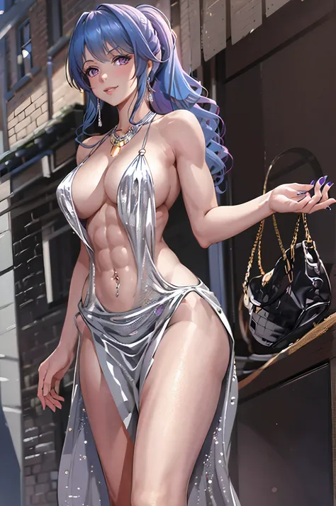 best quality, masterpiece, solo, {st louis_azurlane:1.15}, blue hair, bangs, sidelocks, breasts, large breasts, side ponytail, blush, long hair, cleavage, purple eyes, hair ornament, smile, hair between eyes, jewelry, pink eyes, 1girl, backless dress, back...