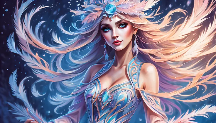 (((magician girl who dances with the wind and creates a magical atmosphere:1.3))), intriicate white magician costume, heart flame working, snow flake pendulum a melancholic tune, depicts a world of beauty and sorrow, movements and ethereal beauty are shimm...