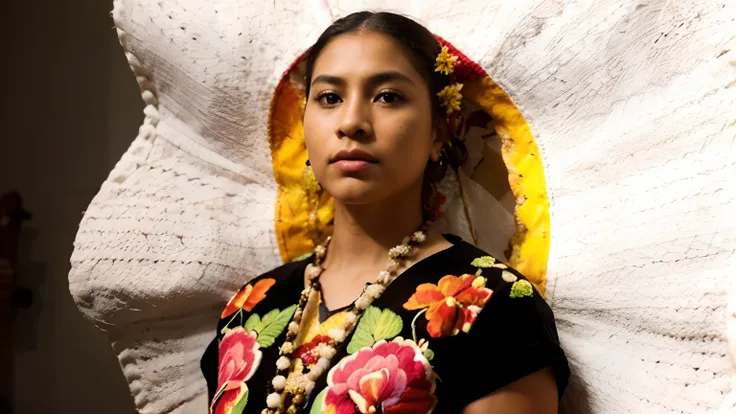 A girl wearing a traditional Oaxacan Huipil dress, brightly colored embroidery, vibrant patterns, intricate designs, delicate handwork, fine threadwork, vibrant colors, traditional craftsmanship, culturally rich, indigenous art, traditional Mexican textile...