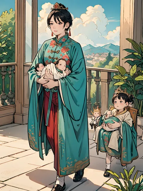 the beautiful 16-year-old chinese queen holds a (baby prince:1.5) wearing shavings in her arms, walking, straight eyes, radiatin...