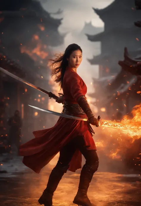 Best quality,masterpiece,ultra high res,(photorealistic:1.4),xiuxian,hyper-realistic fire effect,detailed face,
1girl,long sword,long hair,cleavage,high slit,(fiery aura:1.2),fire magic,beautiful girl,glowing eyes,full body,chinese architecture,heavy snow,...