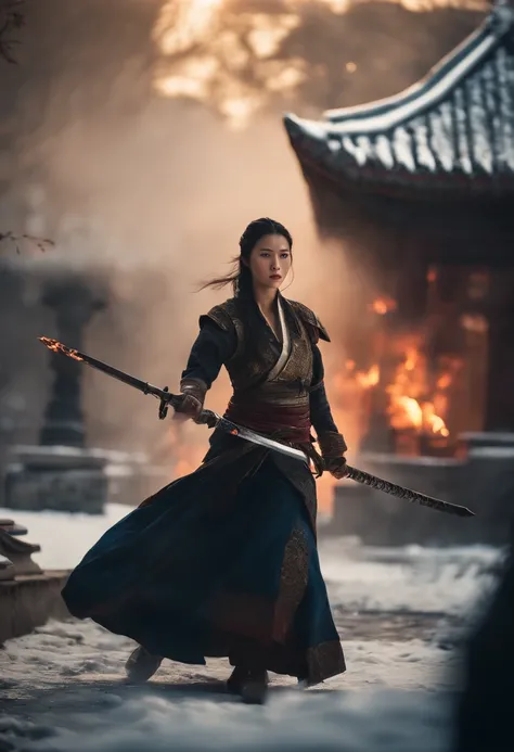 Best quality,masterpiece,ultra high res,(photorealistic:1.4),xiuxian,hyper-realistic fire effect,detailed face,
1girl,long sword,long hair,cleavage,high slit,(fiery aura:1.2),fire magic,beautiful girl,glowing eyes,full body,chinese architecture,heavy snow,...