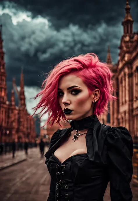 (cute pink haired beautiful goth girl), photography by [TJ Drysdale], detailed bustling vibrant [big city] background, warm, windy, harmful atmosphere, menacing skies, (detailed face), detailed eyes, ((experimental architecture)), (avant-garde)