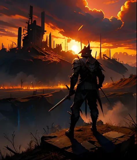 Dark reaper knight standing over a ruined city cover in ash and fire and overgrown at sunset post apocalyptic