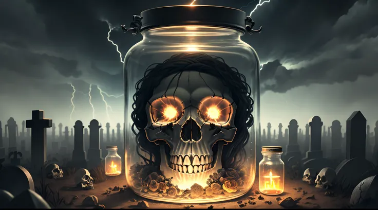 An old skull with long hair inside a glass jar surrounded by a cemetery and lightning, sinister ambience, extreme surrealism, hyper definition, 16k, ink design, centered