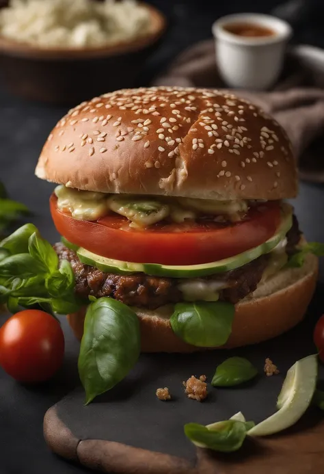 estampa pra camisa, alta qualidade, detalhes finos, fotografia realista, um suculento e gososo hamburguer, queijo chedar derretendo, tomates vermelhos, alfaces verdinhas, Sesame in the shiny bread, fundo preto, smoke rising