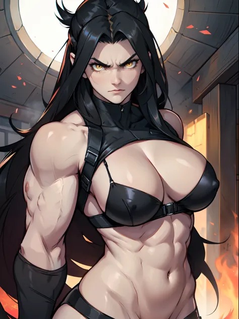 muscular angry girl very long hair pale skin black hair yellow eyes perky breasts