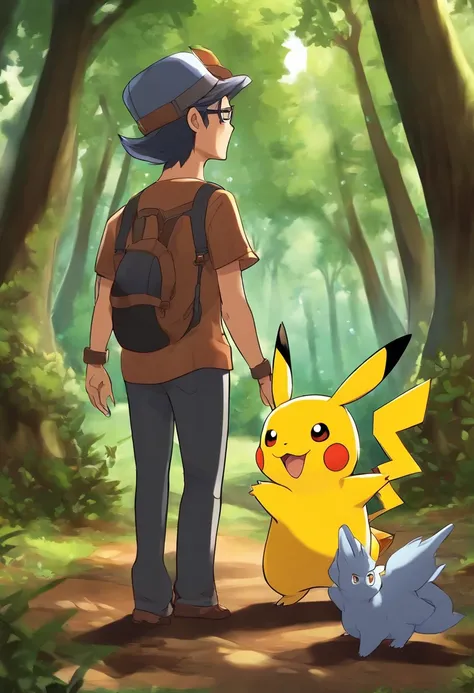 adulto de 35 anos, with Japanese ancestry, cabelos curtos com topete. Ele tem olhos castanhos escuros, wears glasses, tem nariz fino, sorrindo. He carries a poké ball in his hands, Is in a forest together with Pikachu, Charizard e Gengar. anime, pokemon st...