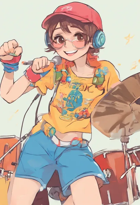 estilo de dibujo chibi, lineart, de dos personas. Musician boy sitting playing drums with very short hair, Smiling Facial Expression, ropa casual camiseta manga corta y pantalones hasta la rodilla. chica feliz cantando con microfno. rostro gafas, pelo mid ...