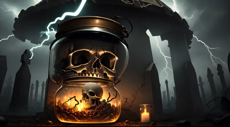 An old skull with long hair inside a glass jar surrounded by a cemetery and lightning, sinister ambience, extreme surrealism, hyper definition, 16k, ink design, centered