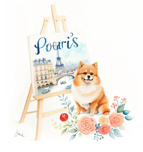 Arafed dog sitting next to a sign with a picture of Paris, Paris, Retrato de Paris, em Paris, fundo de paris, Pomeranian, Cachorro comendo croissants em Paris, Cidade de Paris, watercolor illustration style, estilo de pintura em aquarela, painting of cute ...