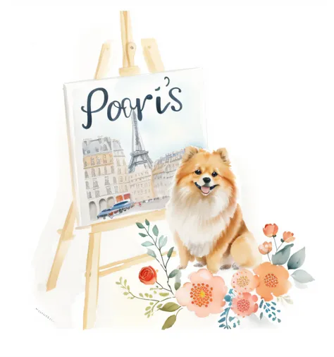 Arafed dog sitting next to a sign with a picture of Paris, Paris, Retrato de Paris, em Paris, fundo de Paris, Pomeranian, Cachorro comendo croissants em Paris, Cidade de Paris, watercolor illustration style, estilo de pintura em aquarela, painting of cute ...