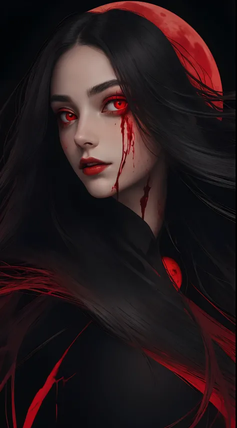 high quality, best quality, masterpiece, beautiful woman, detailed portrait, upper body close-up, long hair, floating hair, blood sky, red moon, red eyes, glowing eyes,(black background:1.3), blood,