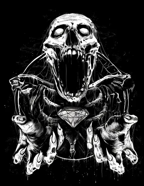 um desenho preto e branco de um esqueleto segurando uma corda, arte escura altamente detalhada, Marcos Riddick, arte de terror elegante, Arte digital escura, mas detalhada, skull design for a rock band, just art for dark metal music, design de tshirt de me...