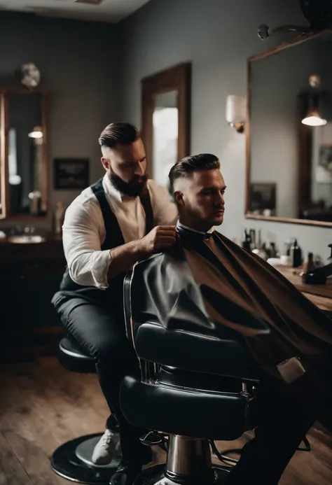 Depict a detailed scene of a talented barber cutting a clients hair in gradient style. Explore the ambiance of the barbershop, the precise movements of the barber and the expression of satisfaction on the clients face while the gradient haircut is being pe...