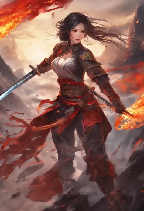 Best quality,masterpiece,ultra high res,(photorealistic:1.4),xiuxian,hyper-realistic fire effect,detailed face,
1girl,long sword,long hair,cleavage,high slit,(fiery aura:1.2),fire magic,beautiful girl,glowing eyes,full body,chinese architecture,heavy snow,...