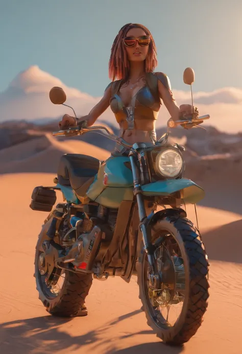 Uma mulher loira,olhos azuis claro, Wearing Retro Cyberpunk Style Glasses,Your clothes are short,Your body is quite defined,Your veins are pulsating,Shes riding a futuristic stylish motorbike,The atmosphere is a sunset in the desert,com algumas montanhas a...