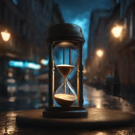 Theres an hourglass on a rainy street with a city in the background, time is running out, time does not exist anymore, Realistic. octan render, daily render, preso dentro de uma ampulheta, A passagem do tempo, o tempo se arrastando por muito tempo, photore...