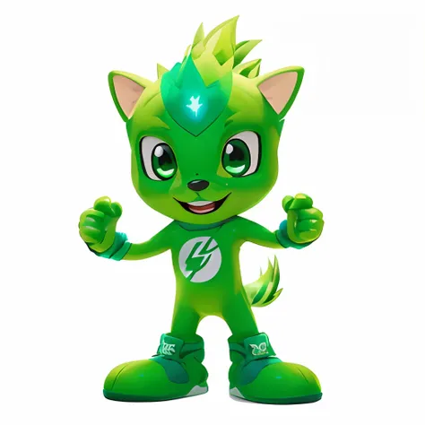 A non-human mascot in a lateral profile pose with a highly cheerful and energetic design, representing the energy associated with electricity. The mascot must be green, and wear green clothing, with physical characteristics that include happy eyes, round e...