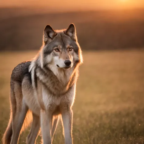 Lone wolf，grassy fields，the sunset