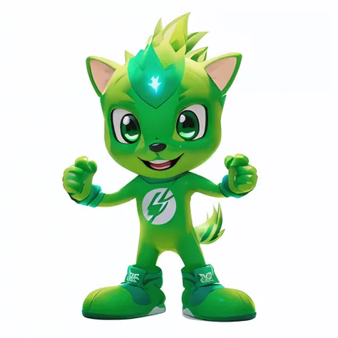 A non-human mascot in a lateral profile pose with a highly cheerful and energetic design, representing the energy associated with electricity. The mascot must be green, and wear green clothing, with physical characteristics that include happy eyes, round e...