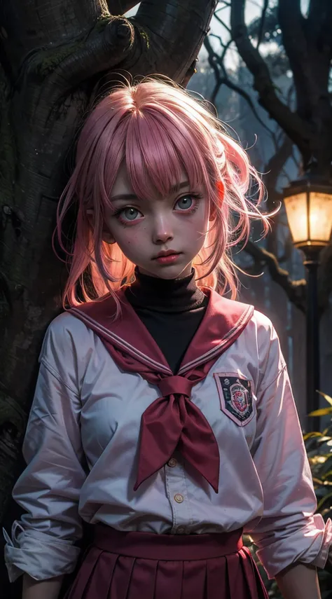 creepy momo girl, pink school uniform, pink color-theme, lost in dark wood, at night, glowing eyes, Extremely detailed eyes