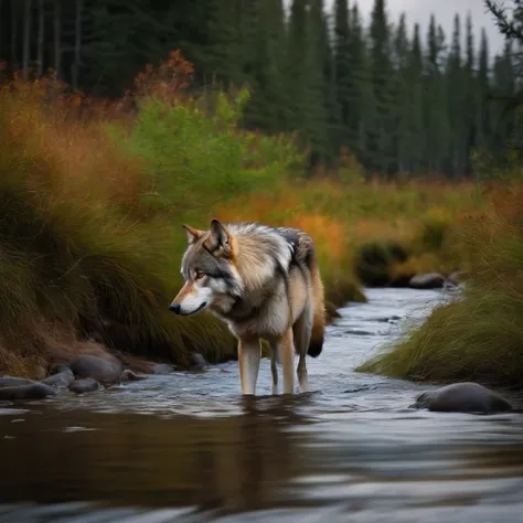 Wolf looking at water in a stream