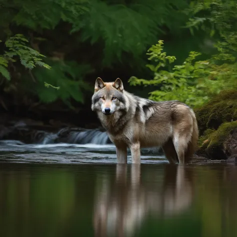 Wolf looking at water in a stream