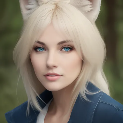 Blonde woman with round hair blue eyes White wolf ears