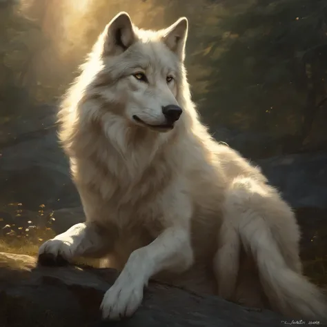 masutepiece, Best quality, ((Beautiful and delicate wolf)) (Very detailed CG unity 8K wallpaper), Professional majestic oil painting，author：Ed Blinky, Attia Geylon, by Ghibli Studio, Jeremy Mann, Greg Manchesa, Antonio Moro, Popular on artstation, Trending...