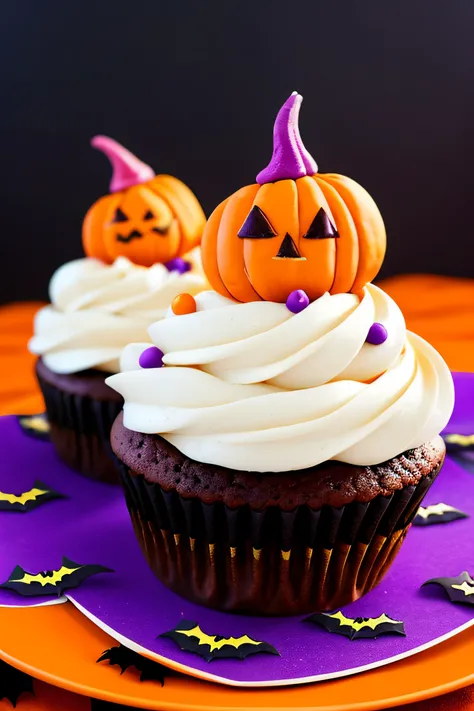 Create an image with three Halloween-themed cupcakes decorated with colorful frosting and spooky decorations, Like sugar eyes and bats. Em cada cupcake, Put an empty space in the middle to write a text.