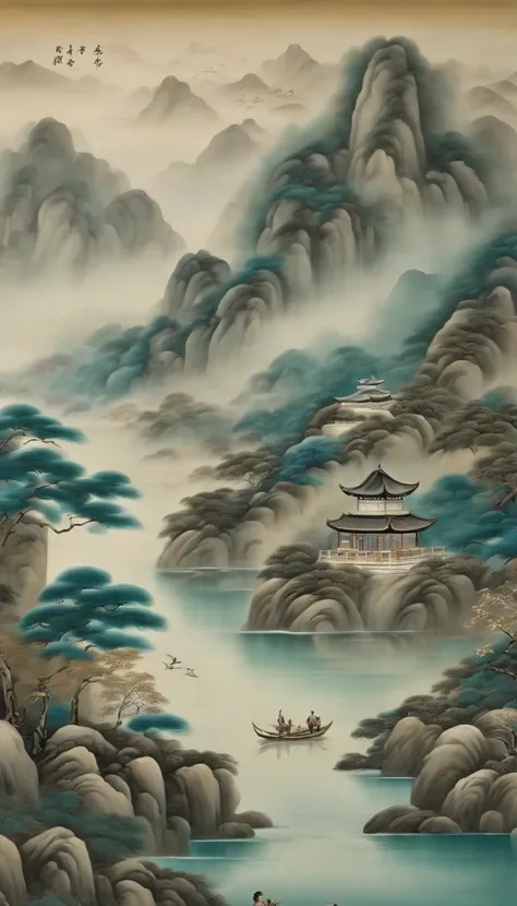 An idyllic Chinese mural, Teal and light grey style, Layered landscape, japanese style art, monumental murals, Ricoh FF-9D, Golden Age aesthetics, Exotic landscape